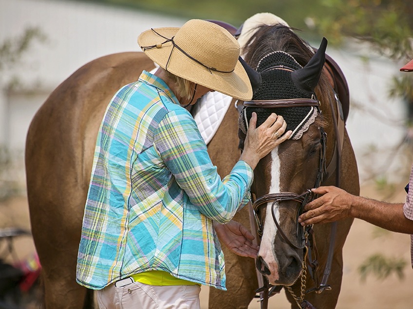 Woman petting a horse’ while waiting for a class at a horse show